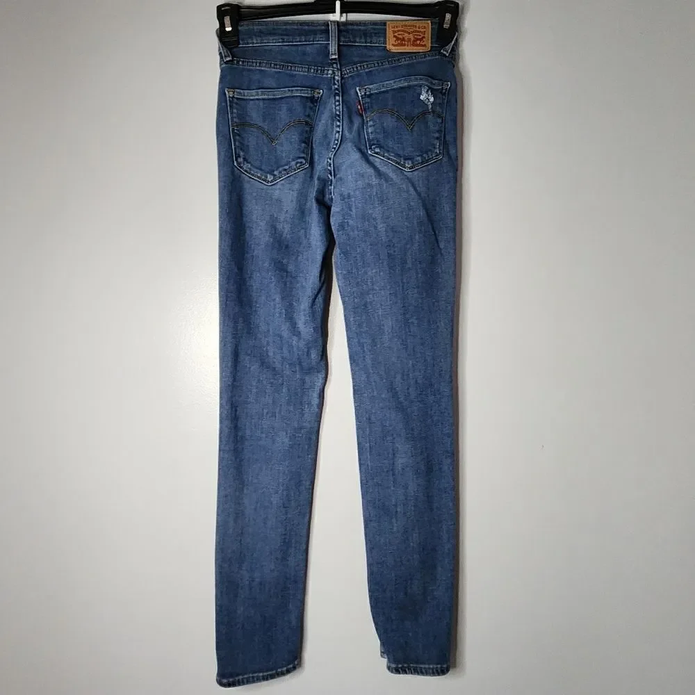 Levis Womens 721 High Rise Skinny Jeans 26 Blue Distressed Destroyed Stretch